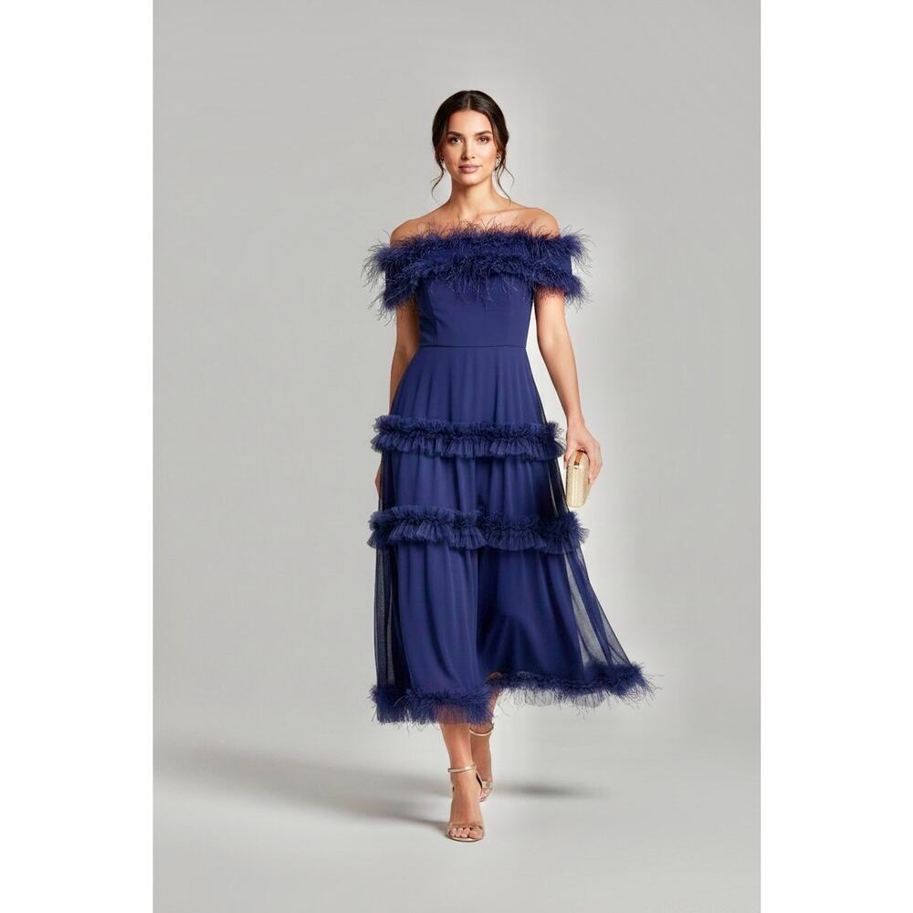Shani Women's Off-the-Shoulder Ruffle Feather-Trim Maxi Dress In Blue 4 NWT